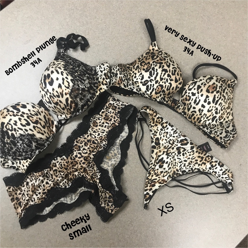 2 leopard print matching bra and panty sets from Victoria’s Secret.